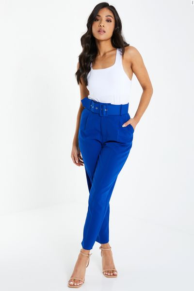 Petite Blue Belted Tapered Trousers